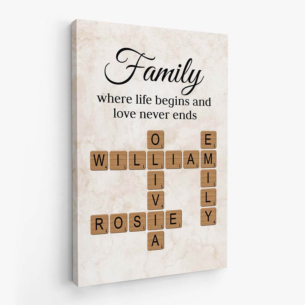 3591CUK2 family where life begins and love never ends  custom crossword canvas print