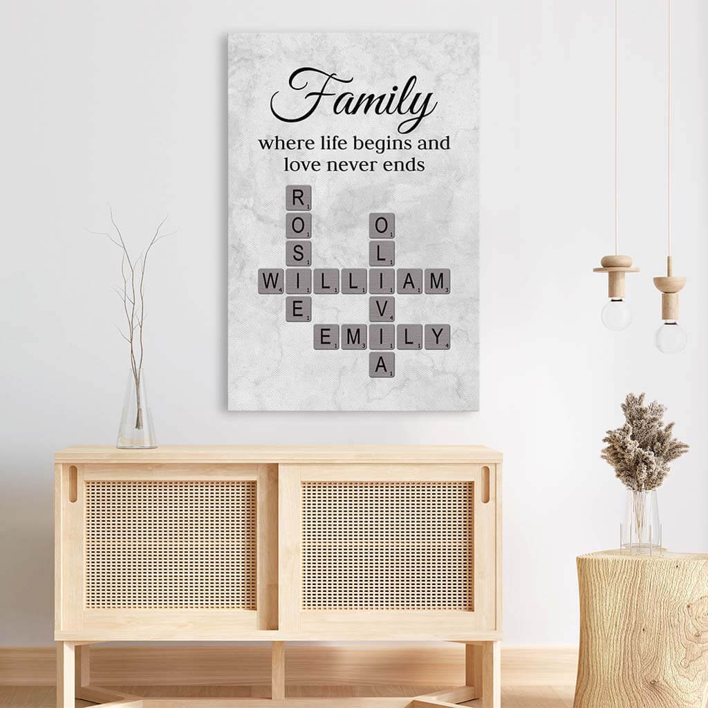 3591CUK3 family where life begins and love never ends  custom crossword canvas print