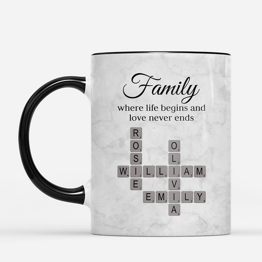 3591MUS1 custom crossword mug family where life begins and love never ends_ 3591m8f5i