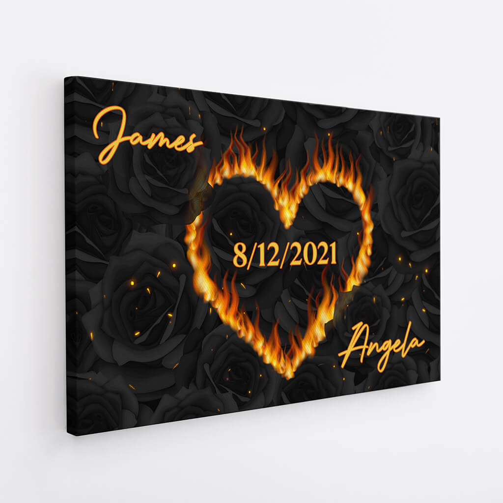 3690CUK2 black roses heart on fire canvas  custom art print for couple