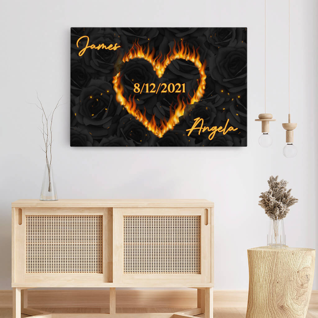 3690CUK3 black roses heart on fire canvas  custom art print for couple