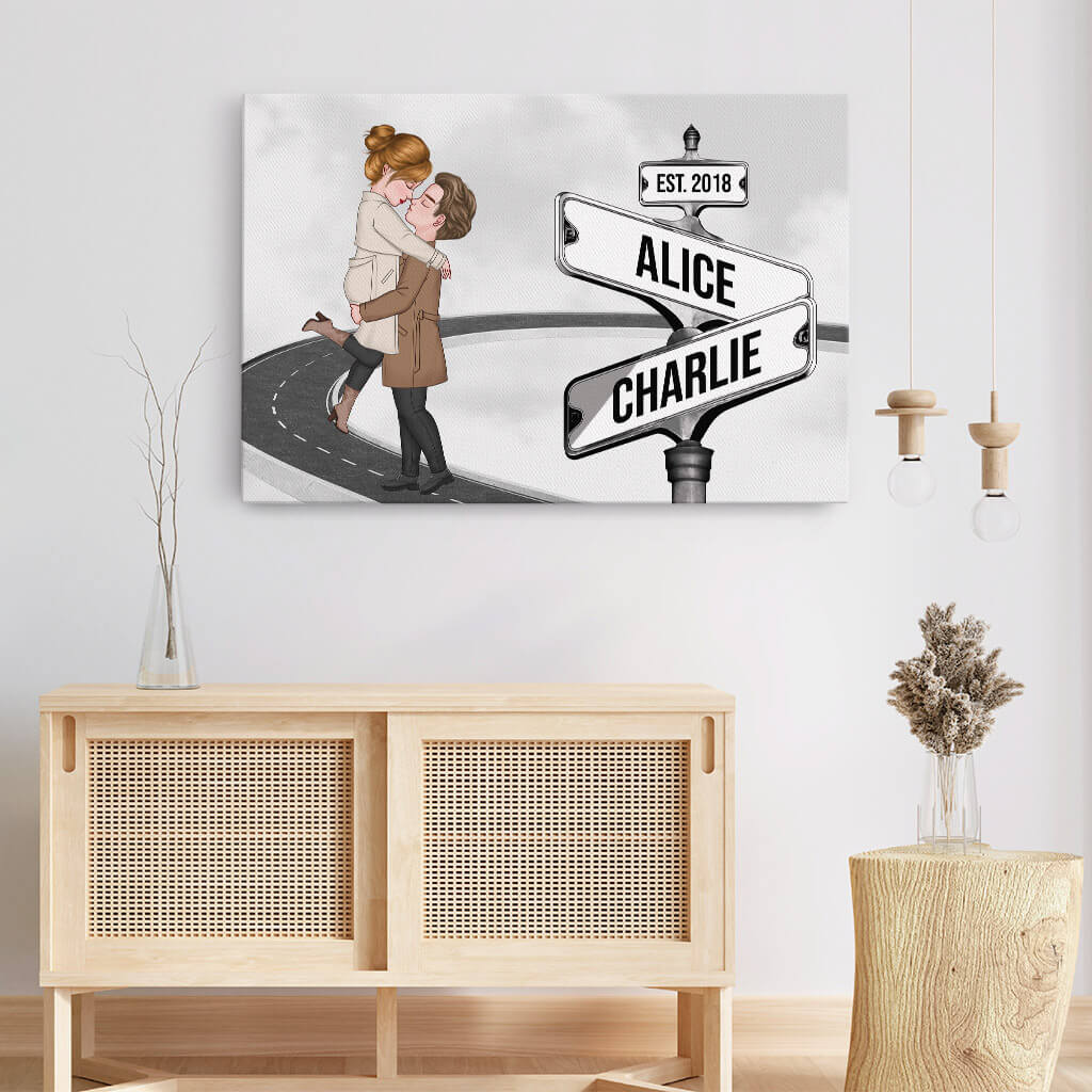 3699CUK3 vintage street sign couple kissing canvas  personalised presents for couples