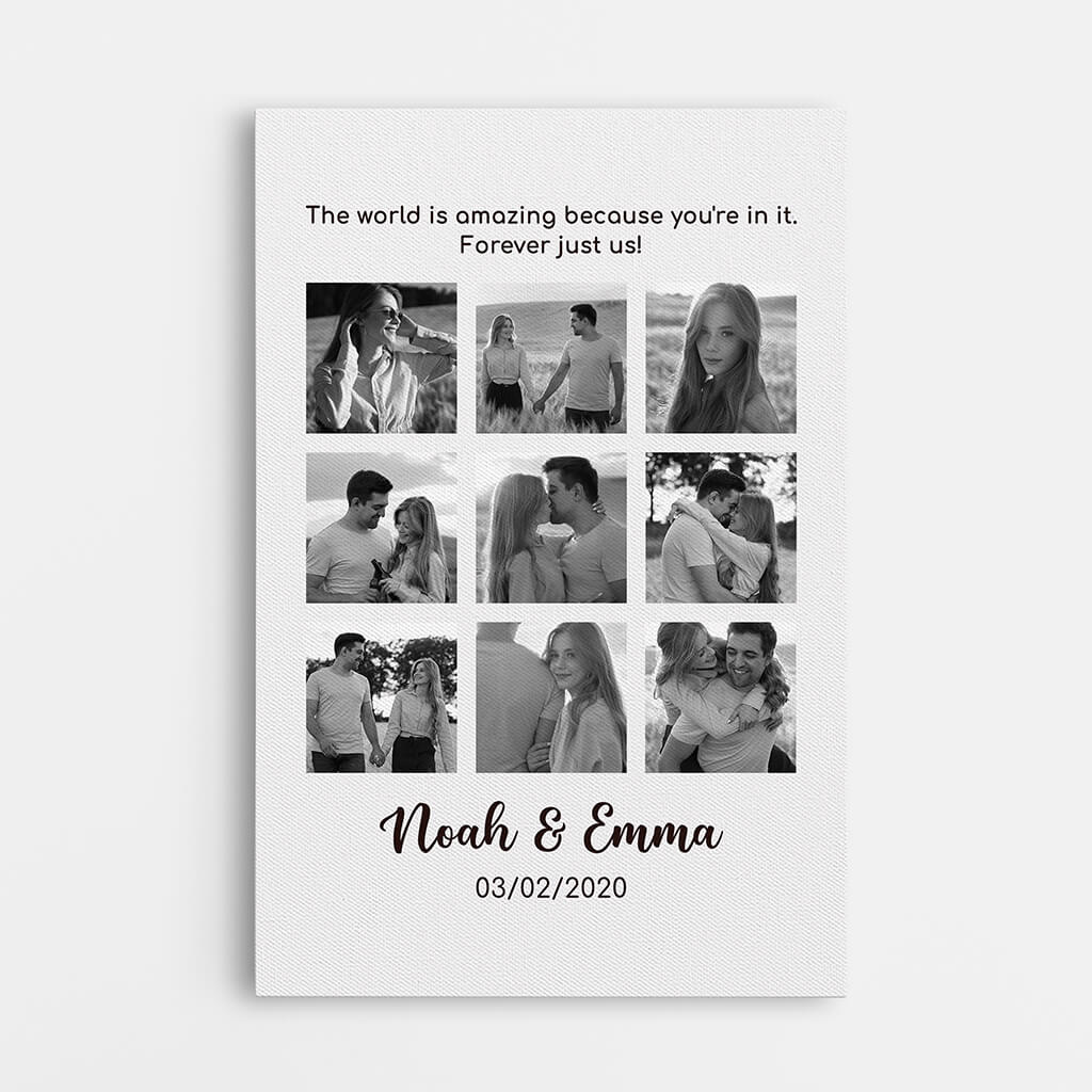 3707CUK1 the world is amazing because youre in it  personalised photo collage canvas in black white for couple