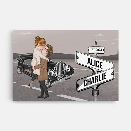 3723CUK1 vintage street sign couple hugging canvas  personalised couple gifts