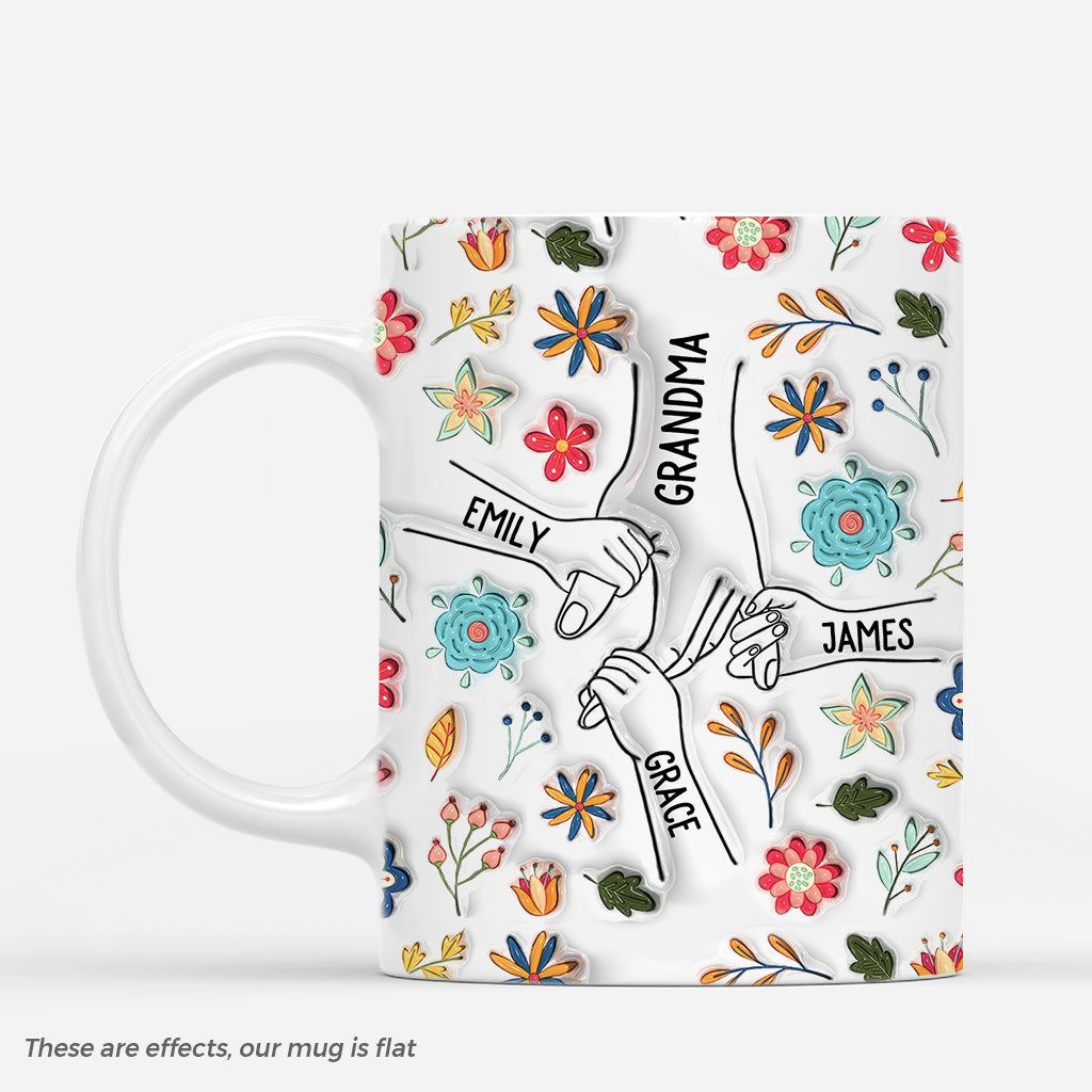 3746MUS3 holding grandmas hand flowers 3d inflated effect mug  personalised nana gifts