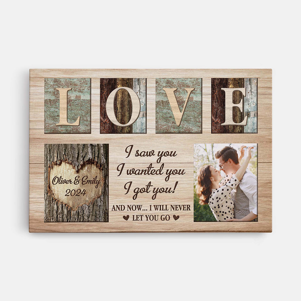 3749CUS1 ISawYouIWantedYouIGotAndNowIWillNeverLetYouGo PersonalisedCouplePhotoCanvas