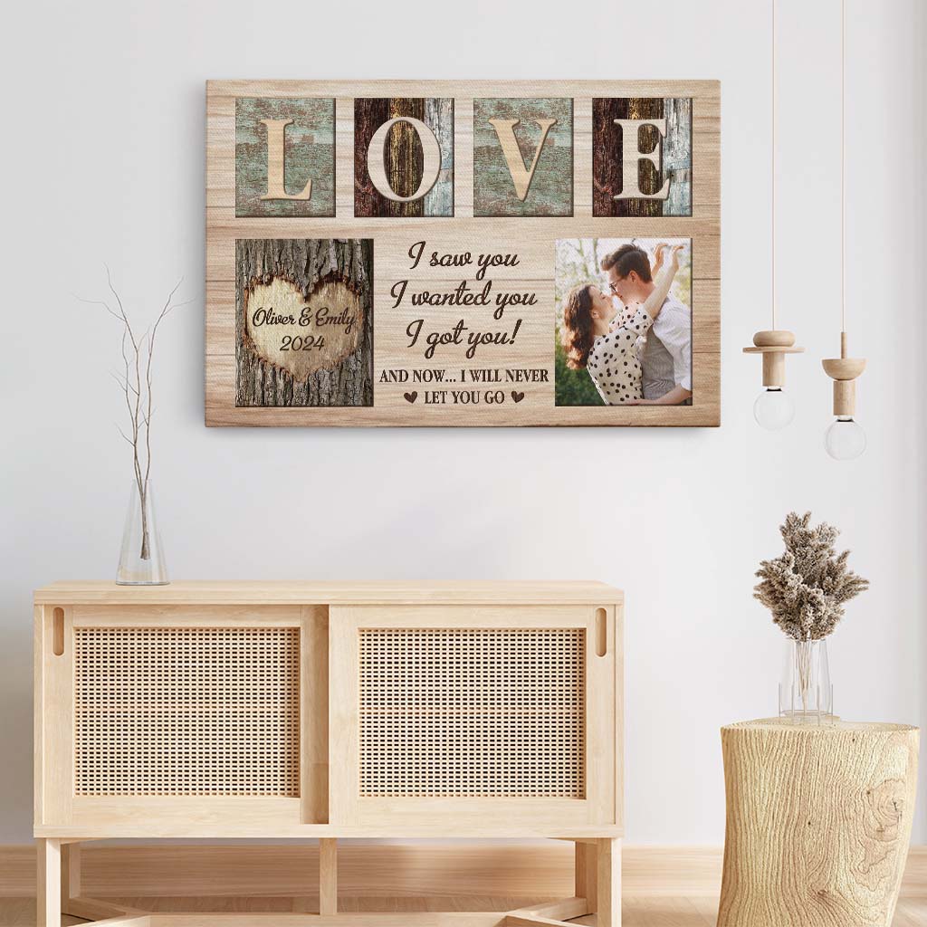 3749CUS3 ISawYouIWantedYouIGotAndNowIWillNeverLetYouGo PersonalisedCouplePhotoCanvas
