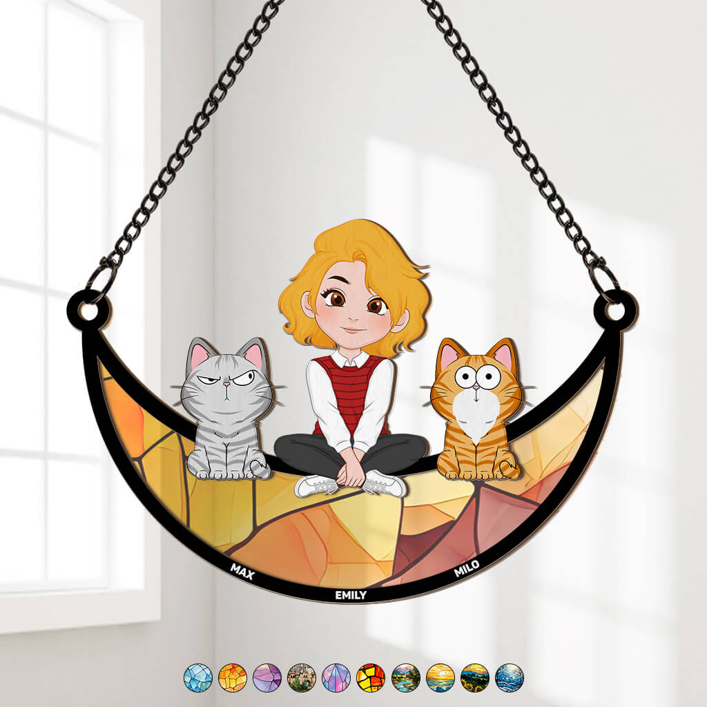 3795UUS1 girl and cat sitting on the moon  personalized window hanging suncatcher ornament for cat lovers 3795U5H0D