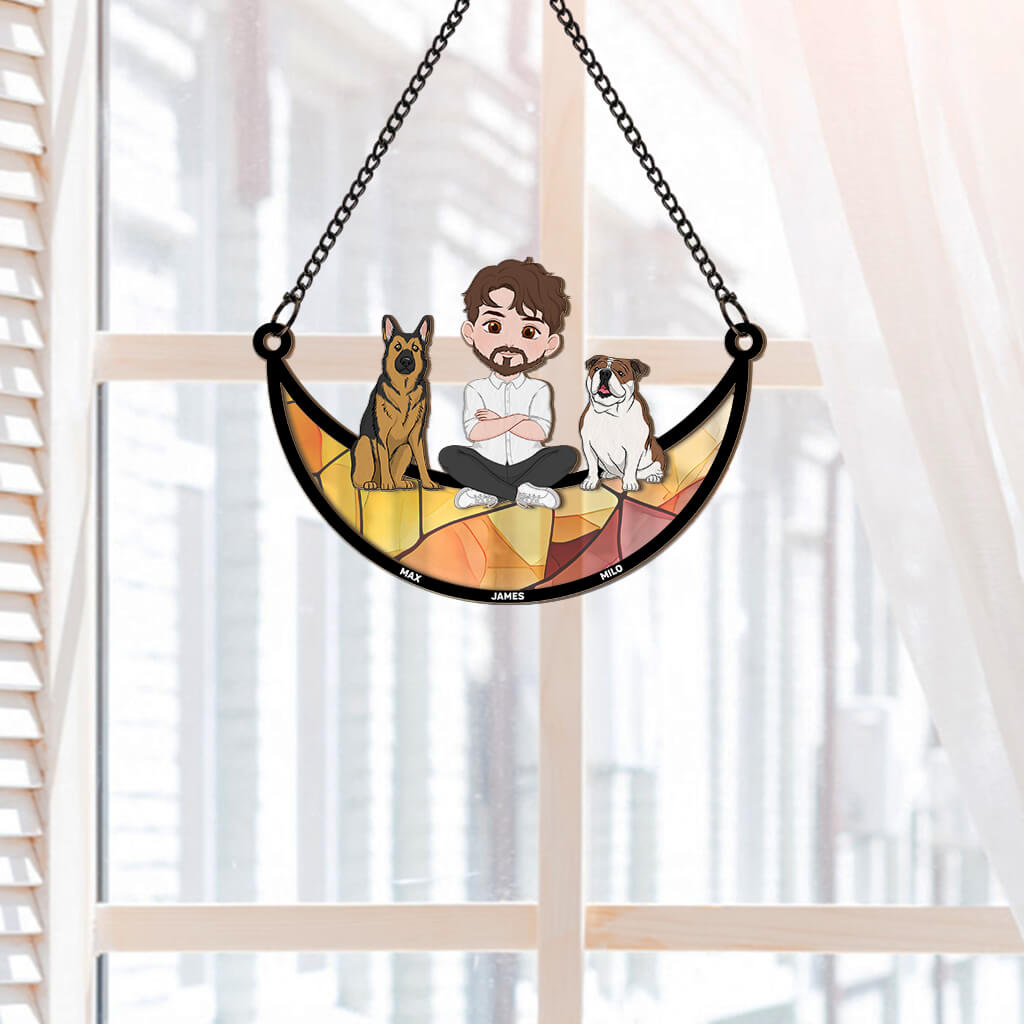 3795UUS2 girl and dog sitting on the moon  personalized window hanging suncatcher ornament gifts for dog lovers 3795U5H0C