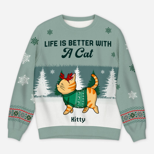5729WUS1 custom cat ugly christmas sweater life is better with a cat 5729WTZCD