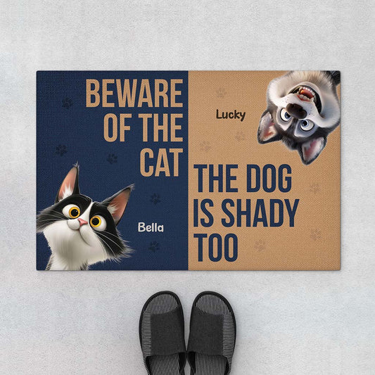 6354DUS1 custom pet doormats beware of the cat_ the dog is shady too  6354D