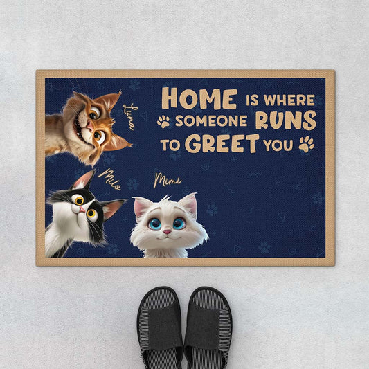 6440DUS1 personalized cat doormat home is where someone runs to greet you 6440D3TZD