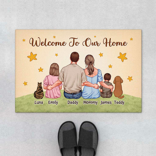 6927DUS1 welcome to our home doormat_ personalized family gift with cat dog 6927D8TTI
