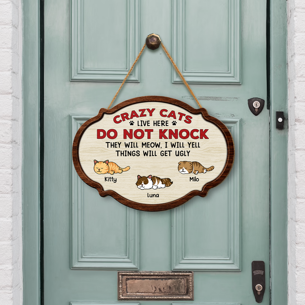 7772QUS2 wooden crazy cats live here do not knock sign_ custom cat lover gifts 7772q6chc