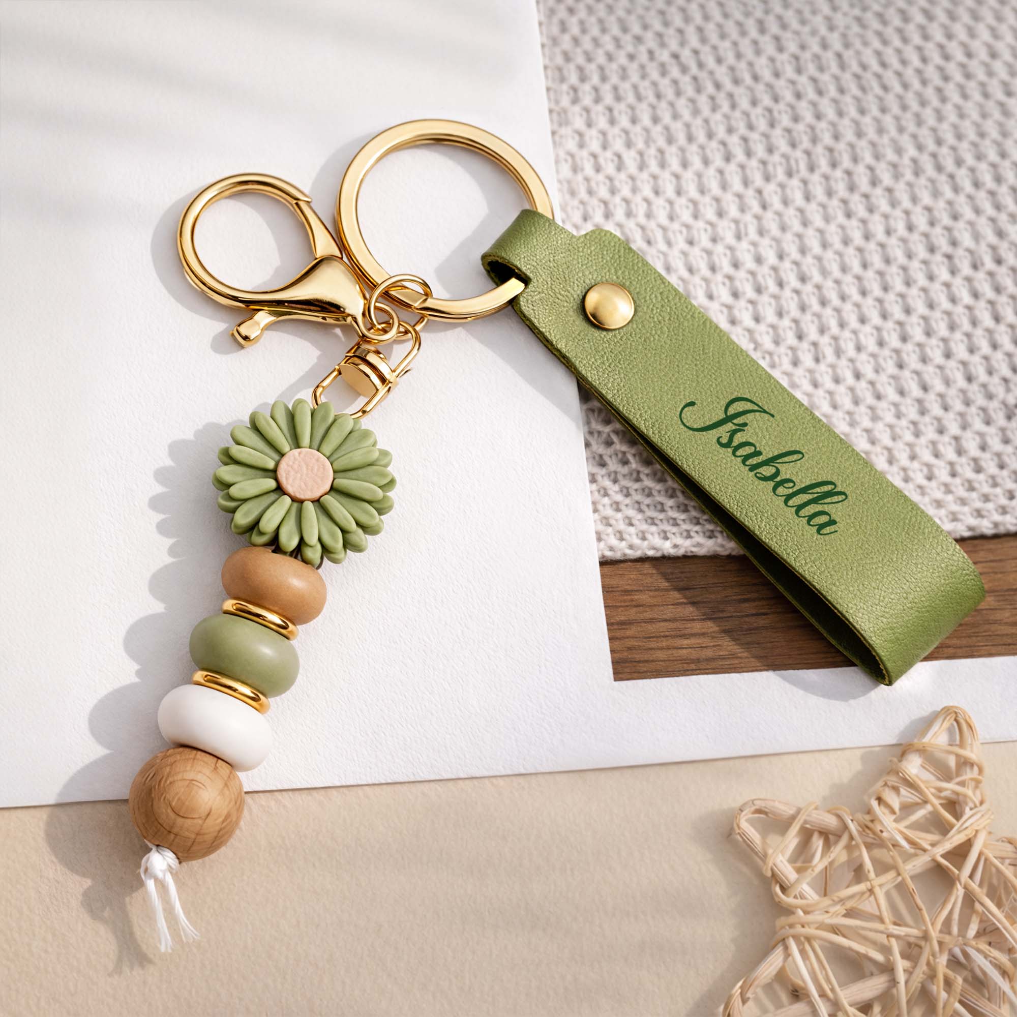 8038MUK2 personalised uv printed beaded daisy flower keyring with name for her 8038mj8l5a