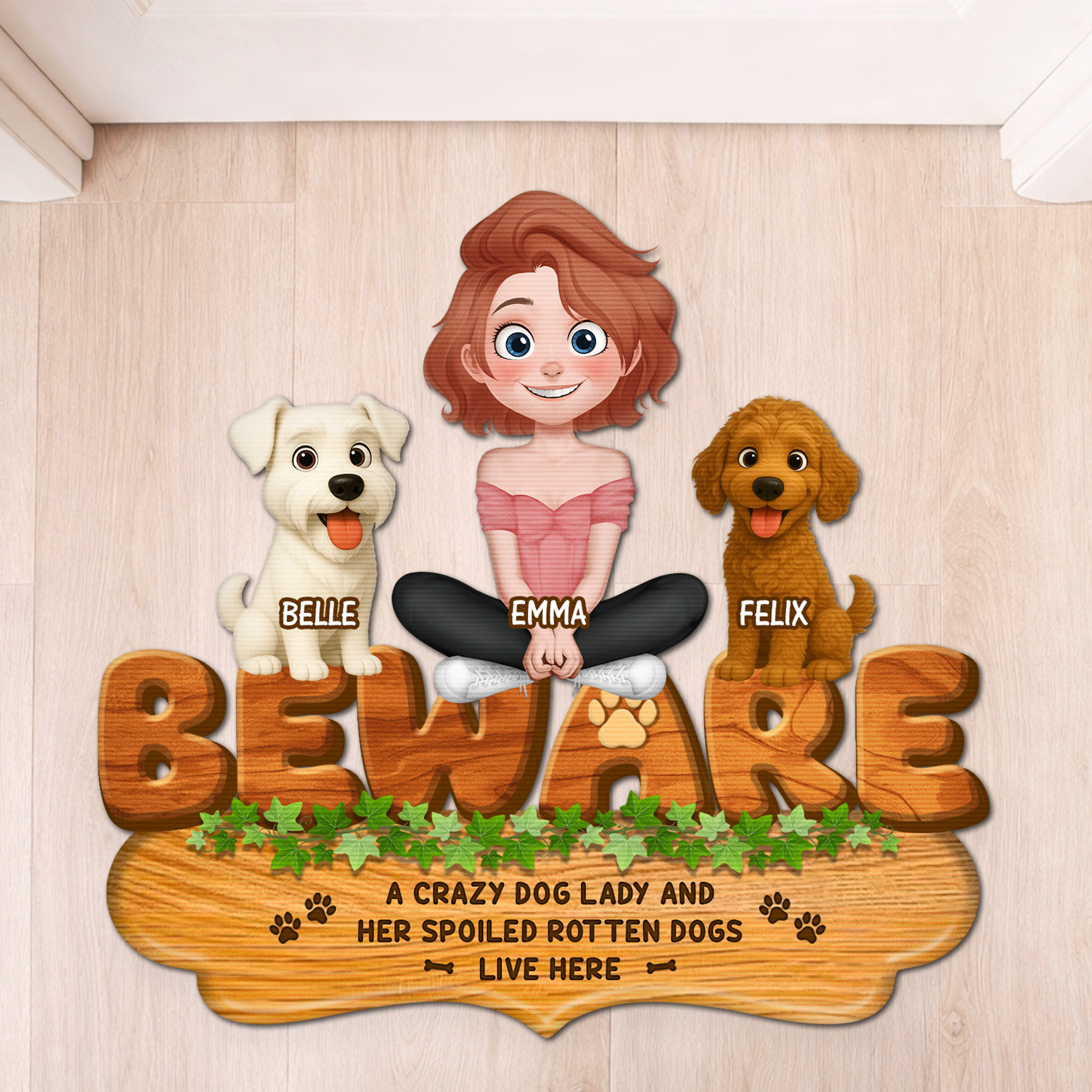 8573AUS1 custom shaped doormat a crazy dog lady and her dogs live here 8573adafbc_jpg_1e3e6b31 5e18 45f1 ae7e 9b9045c307d2