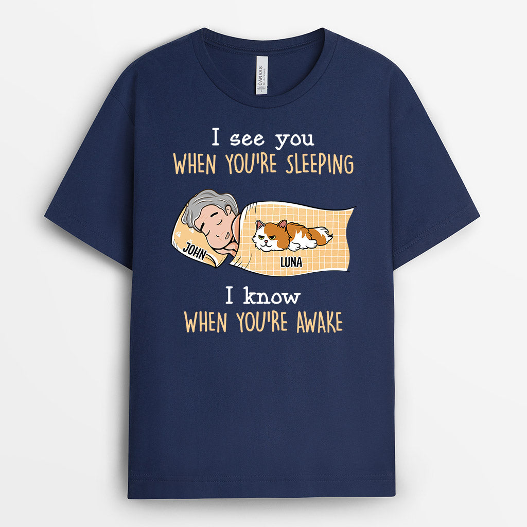 0672Auk2 Personalised T shirts Gifts Sleeping Boy Cat Lovers